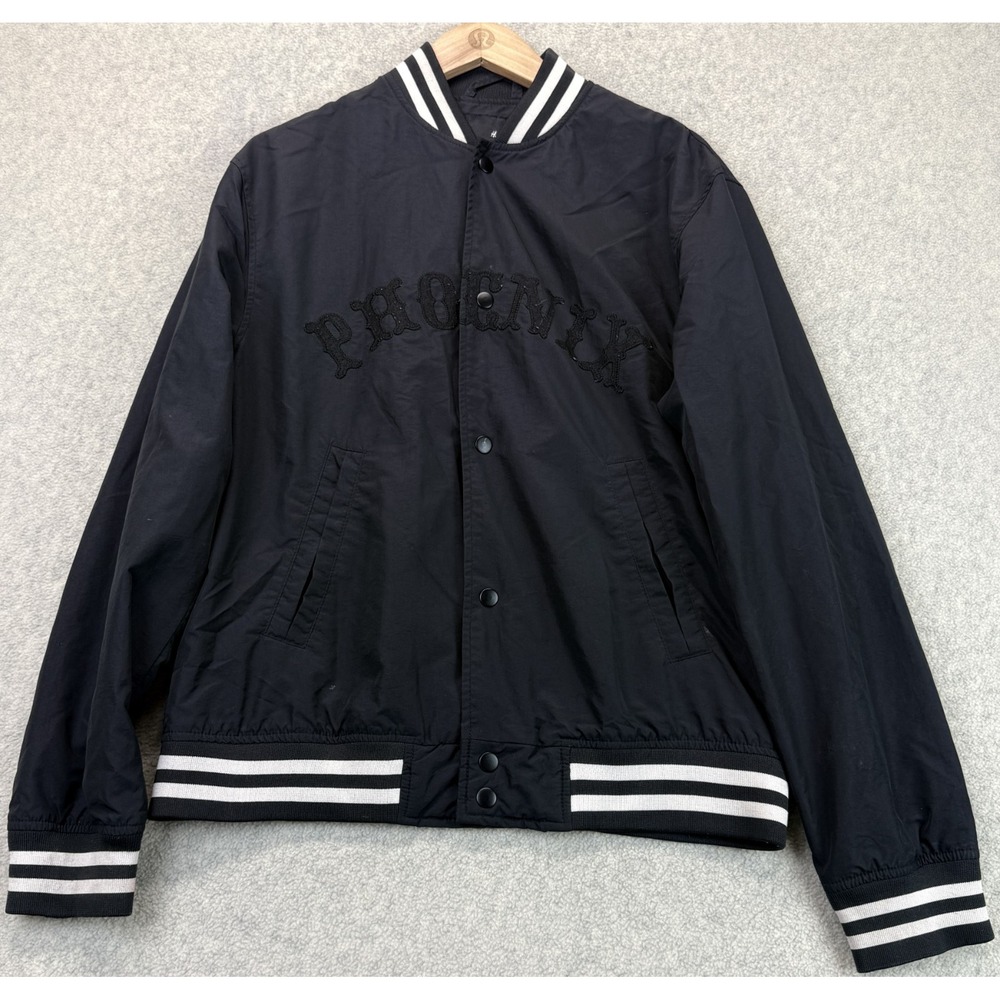 H&M Mens Phoenix Varsity Jacket Black Long Sleeve Striped Ribbed Trim Retro S